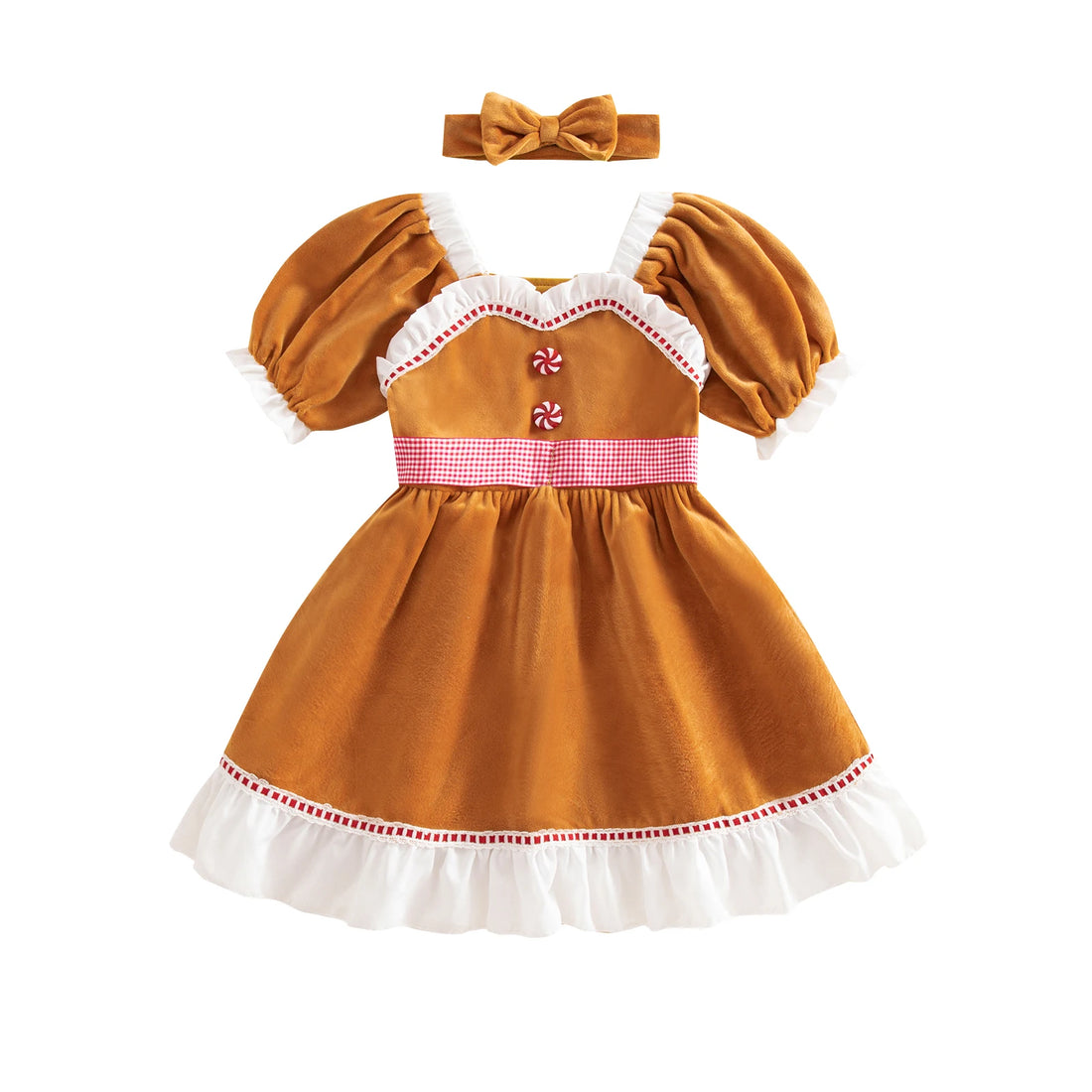 Little Girls Christmas A-line Dress Short Sleeve Candy Button Decor Dress with Headband