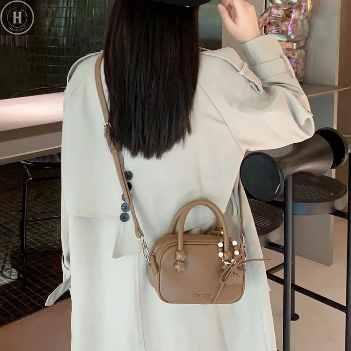 TOUTOU Brown Bowling Bag Y2K Retro Women's Crossbody Bag PU Leather boston bag Mini Handbag Solid Color Commuting Purse HALALZEN