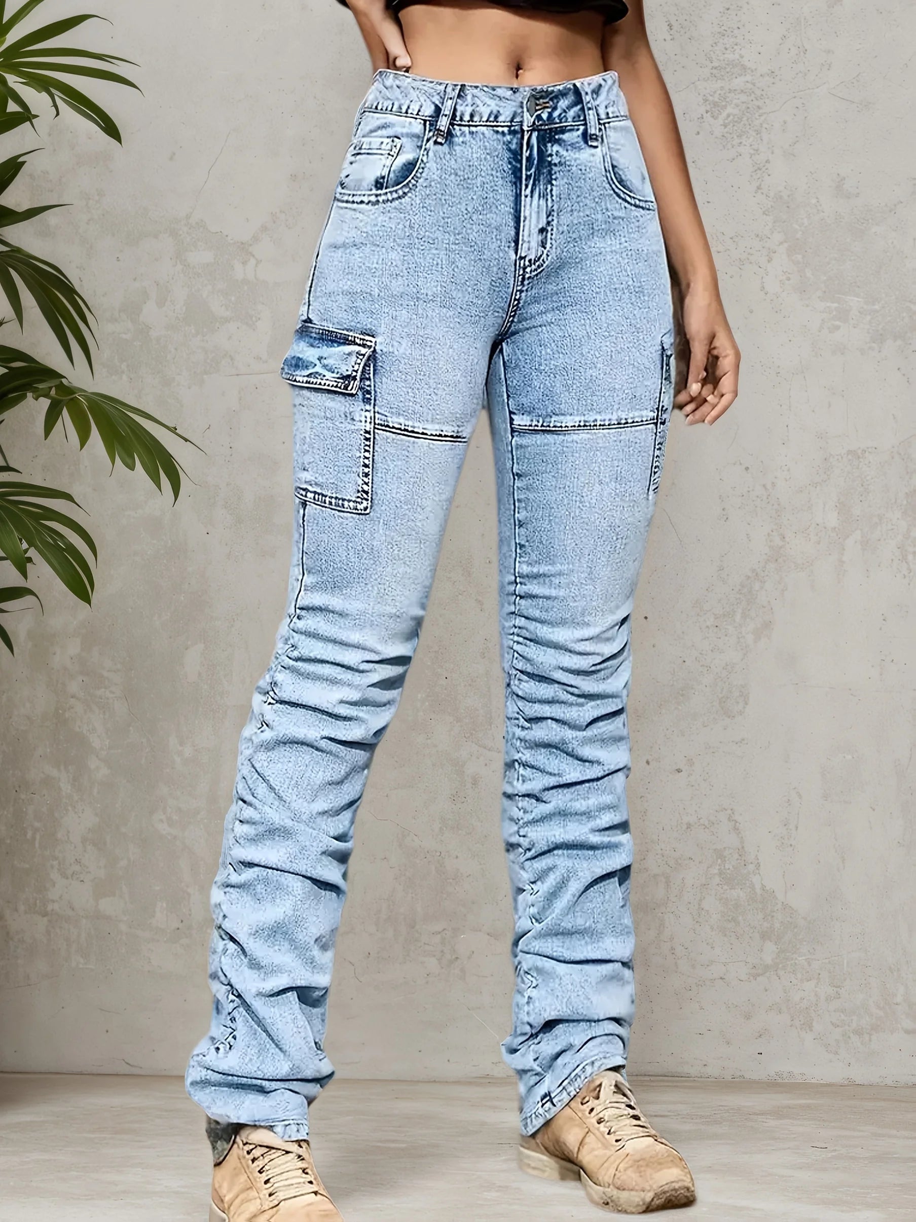 2025 women's casual high waisted jeans, elastic cotton blend, machine washable, comfortable fit, suitable for all seasons
