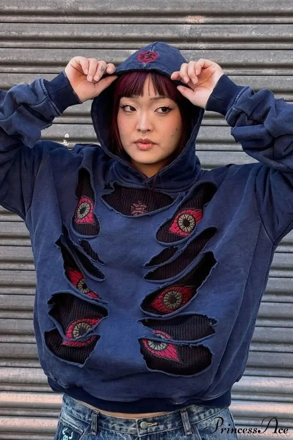 Devil Eye Ripped Embroidered Retro Hoodies Oversized Punk Gothic Casual Hoodie Sweatshirt Harajuku Streetwear Y2k Women Clothing