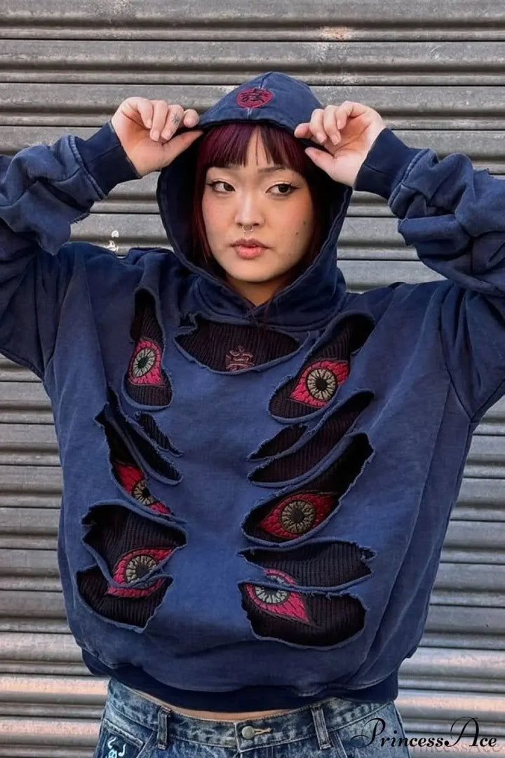 Devil Eye Ripped Embroidered Retro Hoodies Oversized Punk Gothic Casual Hoodie Sweatshirt Harajuku Streetwear Y2k Women Clothing