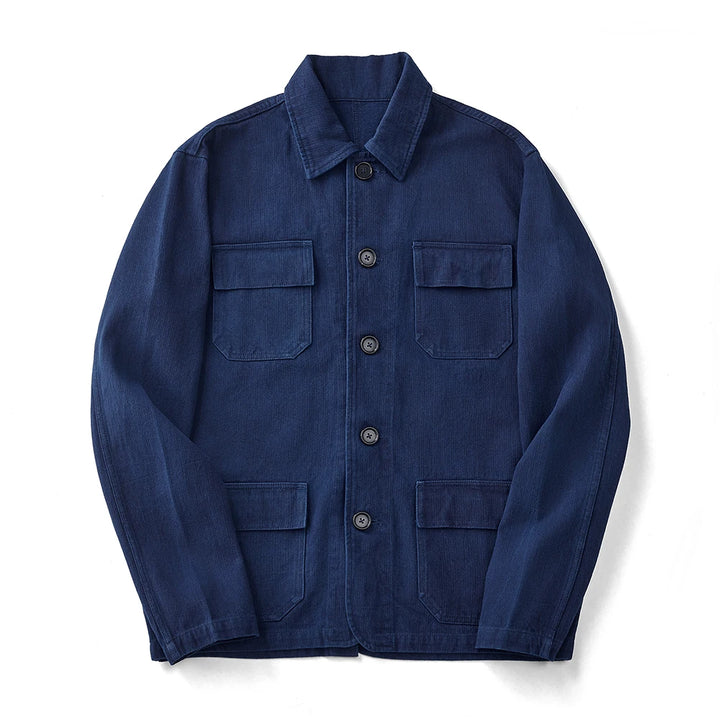 Vintage Herringbone Indigo Jacket Men Autumn Winter New Lapel Multi-pocket Blue Dyed French Workwear Jacket Casual Cardigan Coat