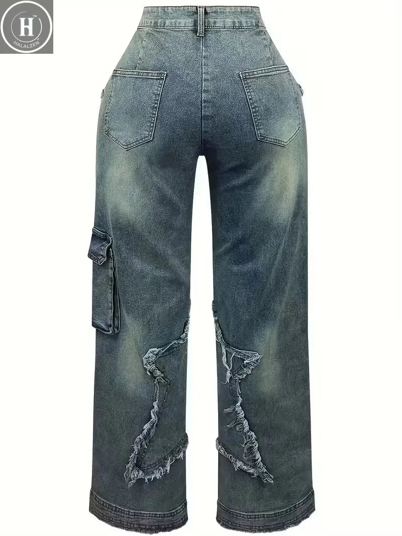 Stretch High Waist Jeans] High Waist Stretch Jeans - Women's Loose Straight Jeans with Star Embroidery Raw Edge Washed Halalzen UK