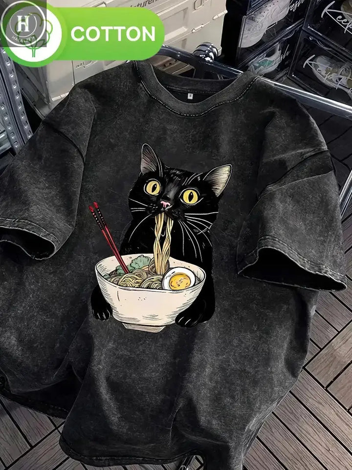 Unisex Hip Hop T Shirt Vintage Washed 100% Cotton T-Shirt Black Retro Cat Eating Ramen Graphic Tee Casual Streetwear HALALZEN