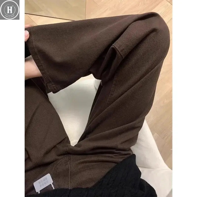 Plus Size Brown Wide Leg Jeans Women's Slim Straight Denim Pants High Waist Straight Cut Trousers for Pear Shaped Body Halalzen UK