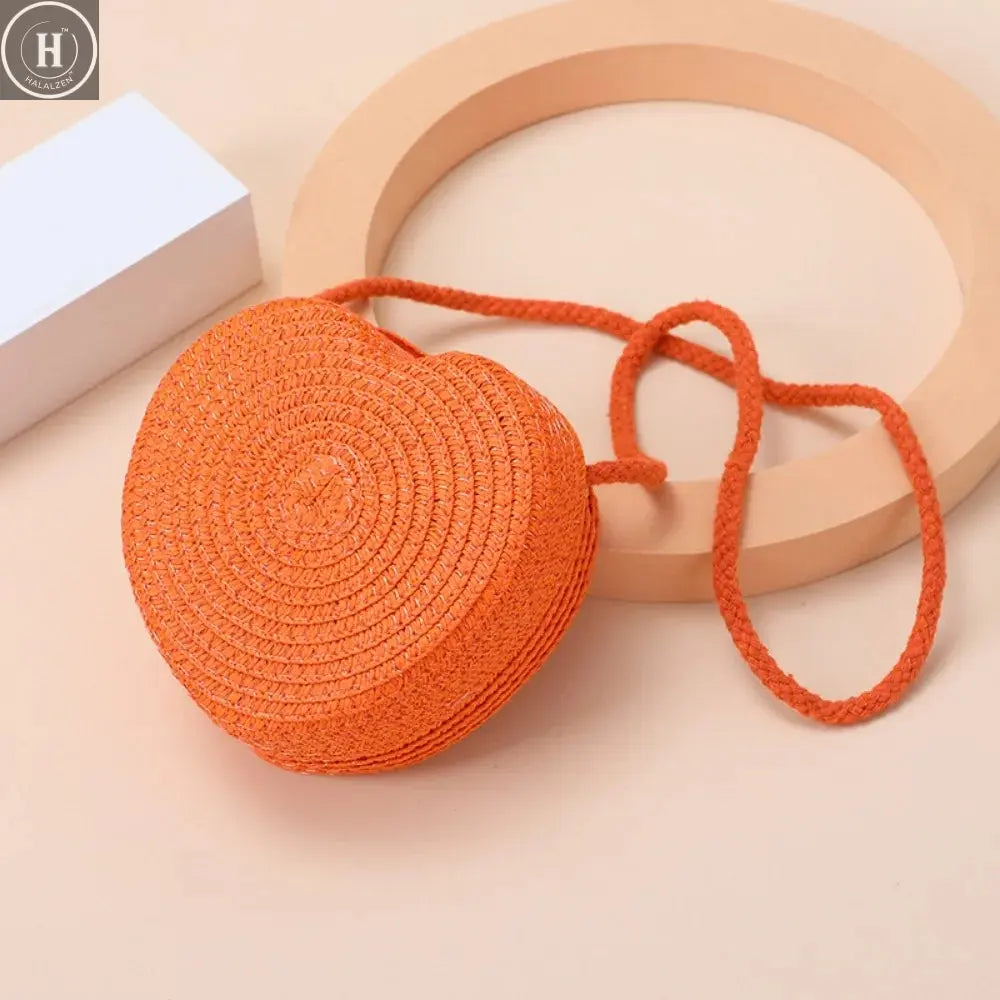 Children's Straw Shoulder Bags Beach Bag Coin Purse Kids Heart Shape Woven Crossbody Bag HALALZEN