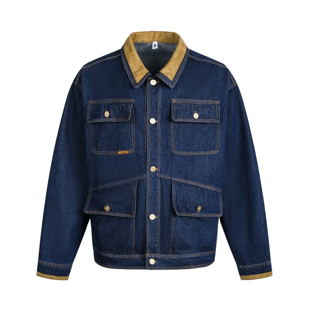 Multi-Pocket Spliced Lapel Denim Jacket Mens Topstitch Retro Casual Autumn Single Breasted Long Sleeve Outerwear Man