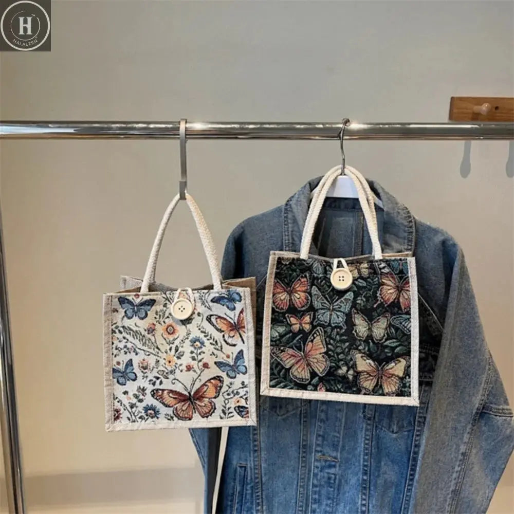 Fashion Linen Small Handbag Butterfly Printed Canvas Bag Party Gift Packing Bag Women Small Tote Bags Portable Shopping Bag HALALZEN
