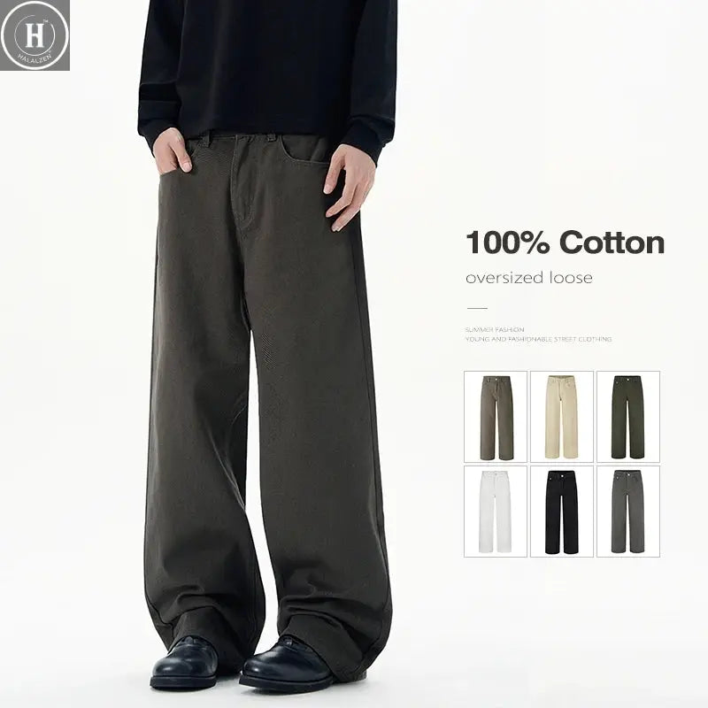 Baggy Wide-leg Jeans 100% Cotton Comfortable Breathable Autumn Casual Denim Pants Loose Straight Trousers Fashion Streetwear Halalzen UK