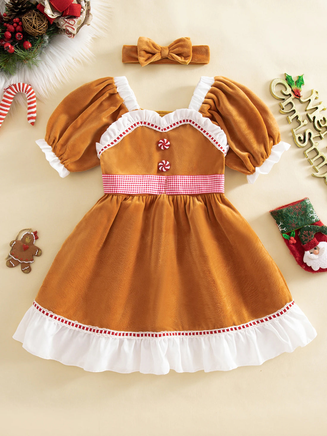 Little Girls Christmas A-line Dress Short Sleeve Candy Button Decor Dress with Headband
