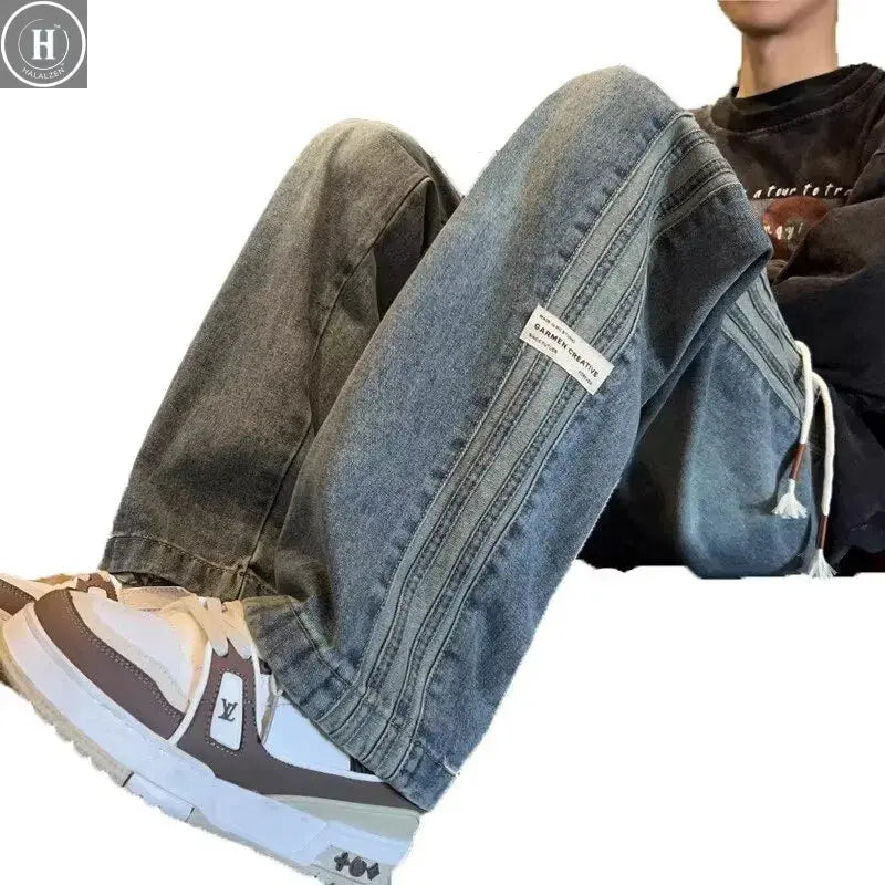 Three bar American retro jeans men's spring and autumn new style high street elastic waist loose casual men's straight leg long HALALZEN