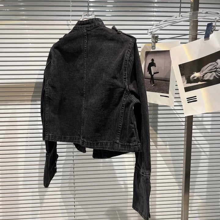 Punk Style Black Stand Up Collar Denim Jackets Vintage Washed Motor Coat For Women 2025 Autumn New Loose Long Sleeve Outerwear