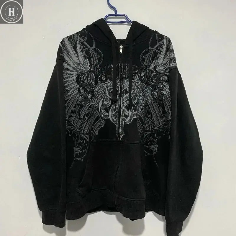 Mysterious tarot card printed hooded sweatshirt retro old splash ink Indonesian slogan trendy cardigan HALALZEN