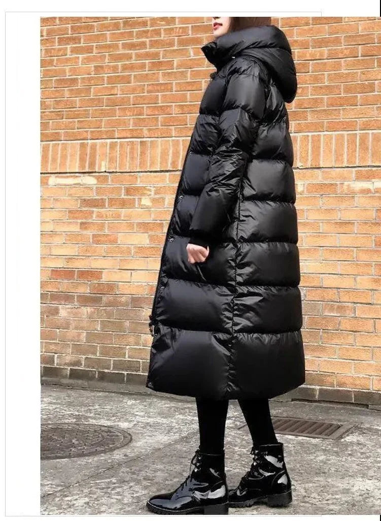 Black Glossy Parka Coat Women's 2024 Fashion Thicken Winter Hooded Loose Long Jacket Female Windproof Rainproof Warm Outwear