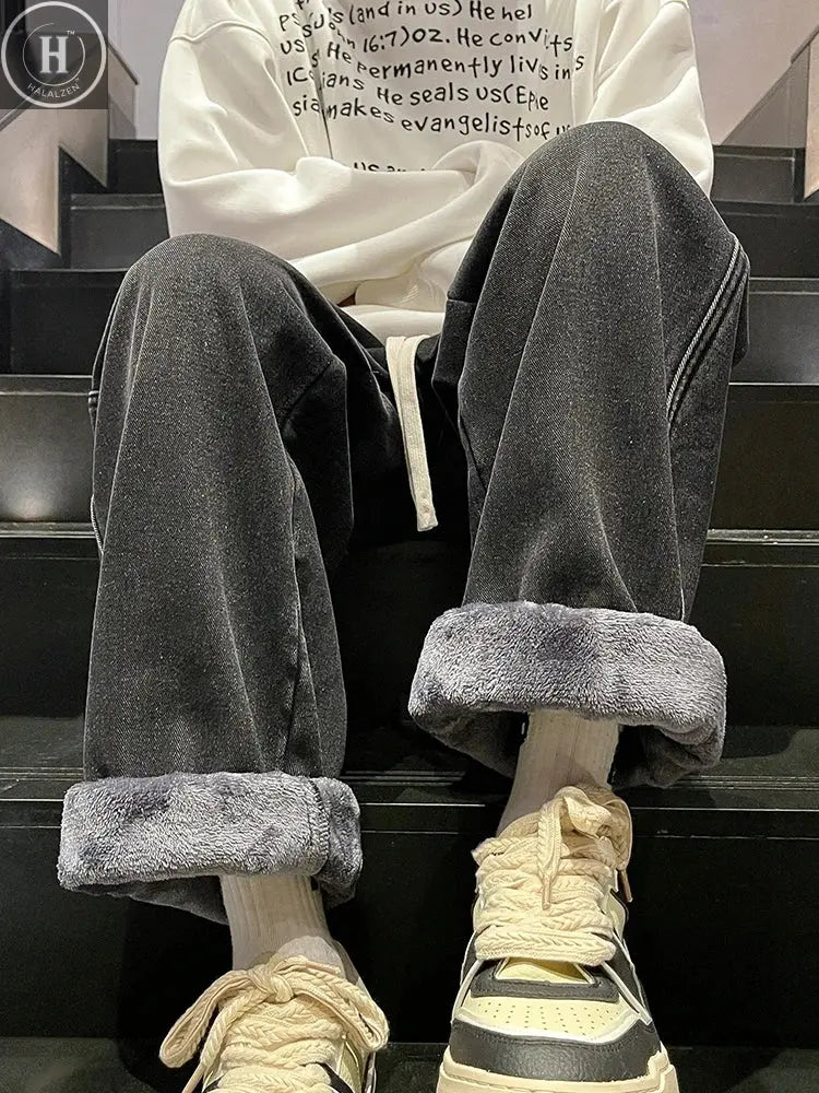Winter Men's Jeans Korean Fashion Fleece Liner Thick Warm Straight Denim Pants Washed Cotton Retro Blue Wide Leg Jean Trousers HALALZEN