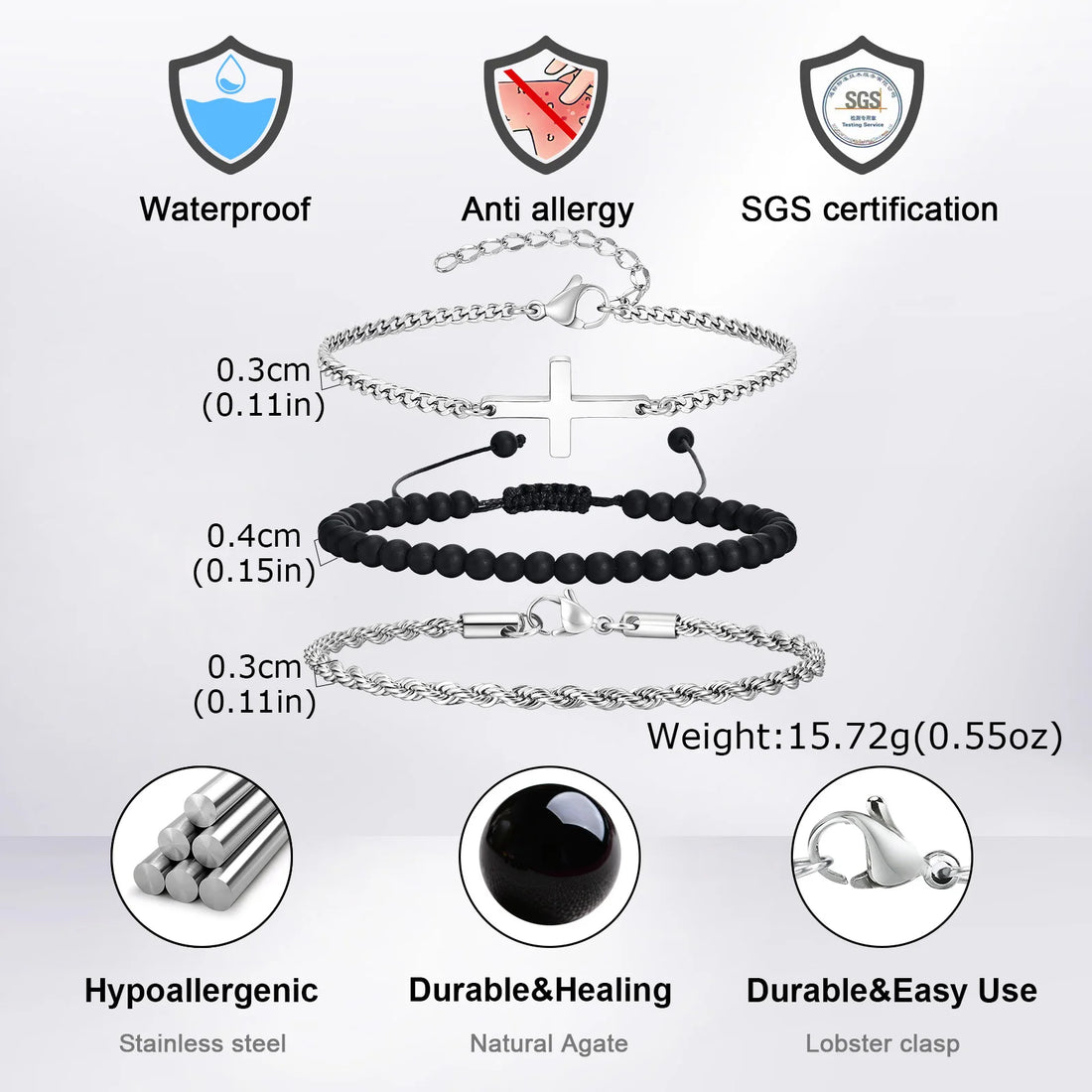 3pcs Stylsh Cross Men's Bracelet,Punk Stainless Steel Stacked Chain Link Wristband,Birthday Anniversary Gift for Him