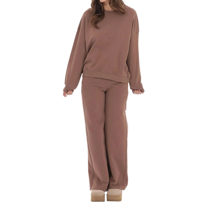 Women’s Solid Color Two Piece Outfits Long Sleeve Round Neck Sweatshirt and Straight Leg Pants Set Loungewear