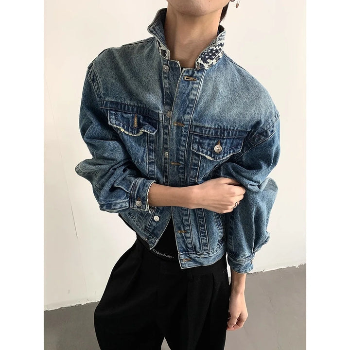 Egyptian Relic Print Patchwork Men's Denim Jacket, Washed Cropped Mans Jeans Coat, Oversize Casual Woman Jakets