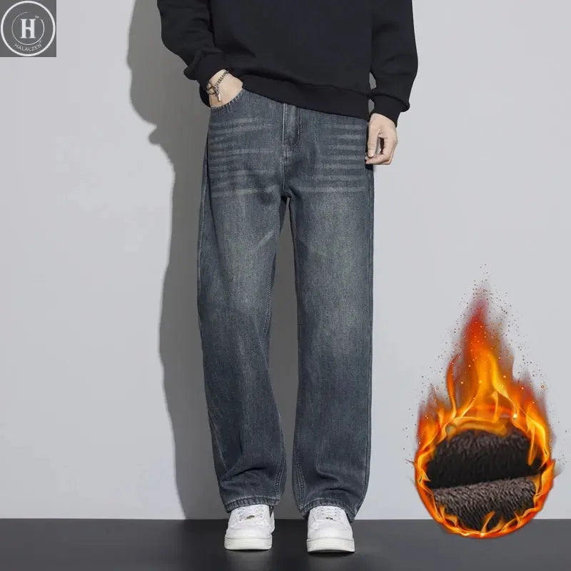 Men's Winter Thick Fleece Lined Jeans Fashion Loose Straight Wide Leg Denim Pants Warm Casual Baggy Male Trousers Streetwear Halalzen UK