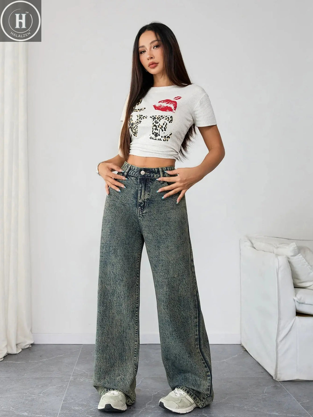 Elegant Plus Size Flowy Denim Pants for Women High Waist Loose Wide Leg Jeans Fashion Casual Outfit Comfortable Fit Clothing Halalzen UK