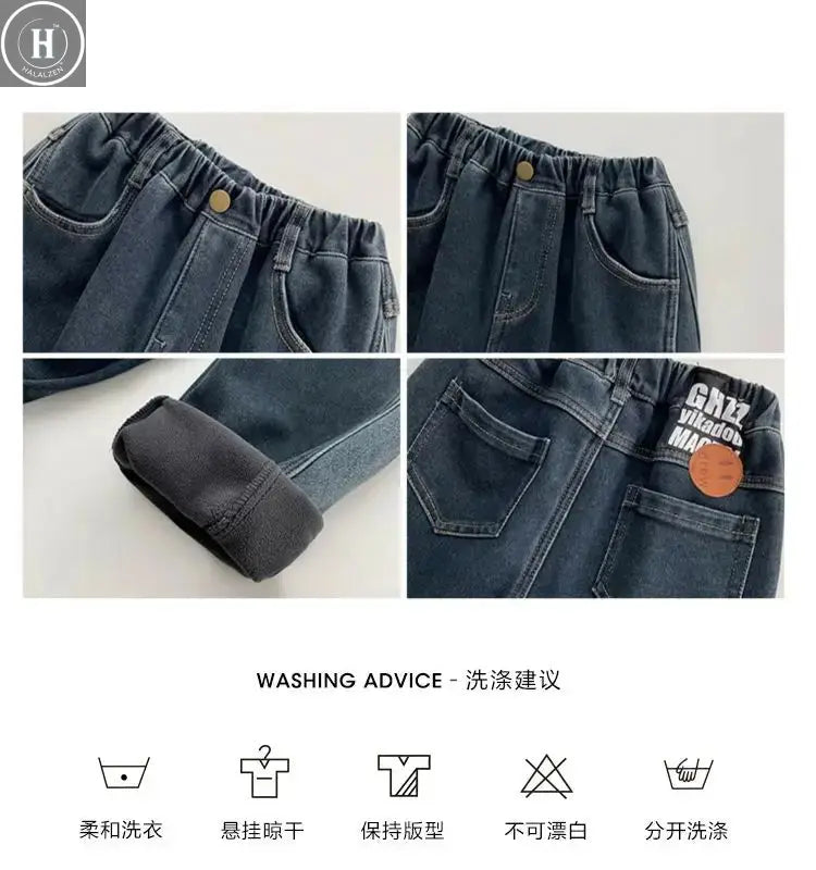 2-12Y Childrens Boys Denim Pants One-piece Fleece Thickened Autumn Winter Casual Kids Baby Boys Pants Toddler Boys Warm Jeans HALALZEN