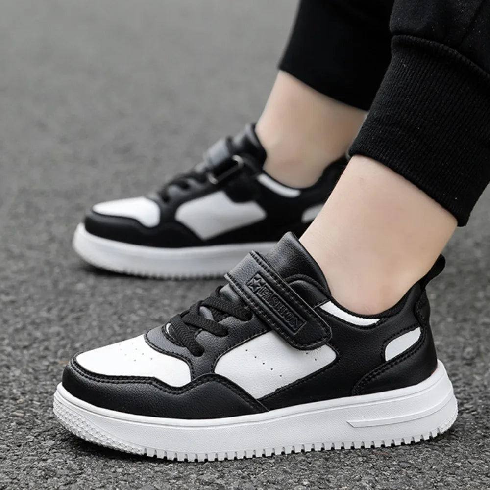 Boys Shoes Sneakers Leather Children Comfortable Flat Shoes Black White Shoes for Kids Girls School Walking Footwear Non Slip