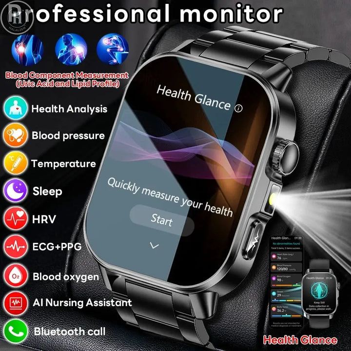 2026 New Model Uric Acid & Lipid Health Analysis Smart Watch Men ECG+PPG Bluetooth Call 2.01-inch Flashlight Smartwatch Women HALALZEN