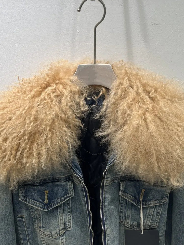 Women Vintage Denim Jacket Faux Fur Collar Autumn Winter Padded Liner Short Coat High Street Female Loose Fit Casual Outerwear