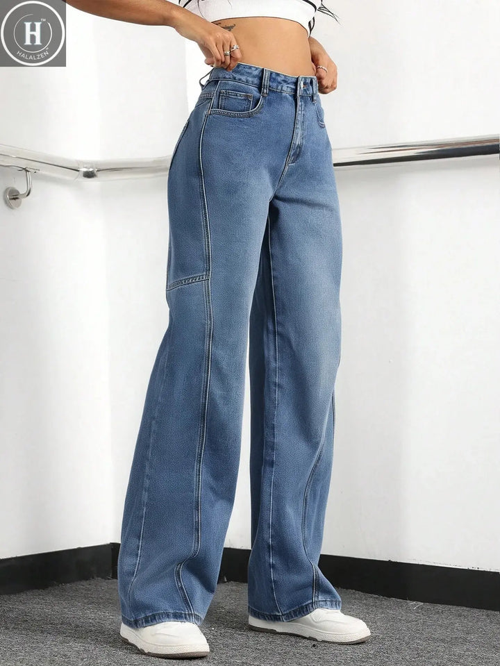 Women's High - Waisted Wide Leg Cargo Jeans | Baggy Denim Workwear Pants Halalzen UK