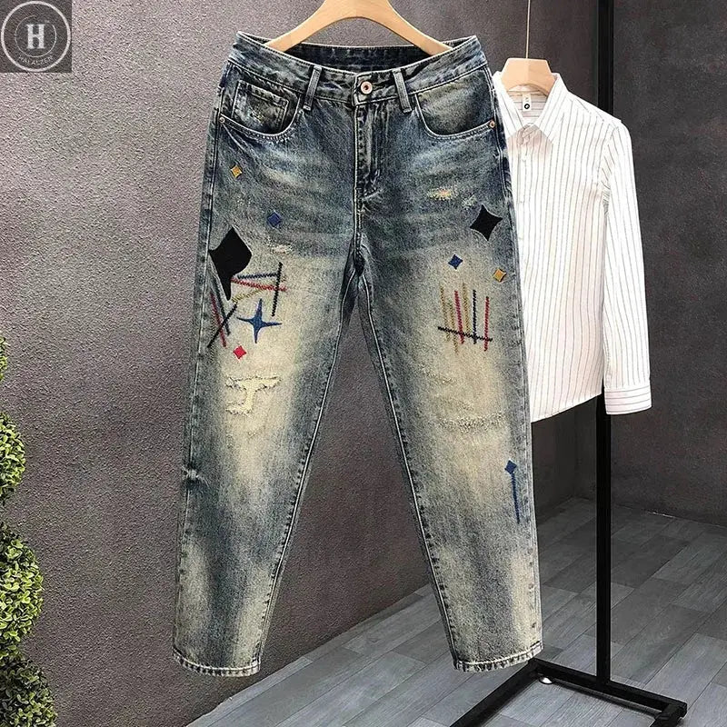 Japanese And Korean New Retro Men'S Jeans Embroidered Print Tapered Jeans Straight Leg Jeans Y2k Baggy Pants Halalzen UK