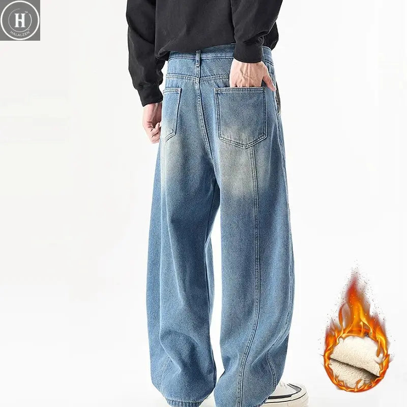 Men's Fleece Thick Curved Knife Jeans American Style Retro Loose Wide Leg Denim Pants Vintage Casual Splicing Design Trousers HALALZEN