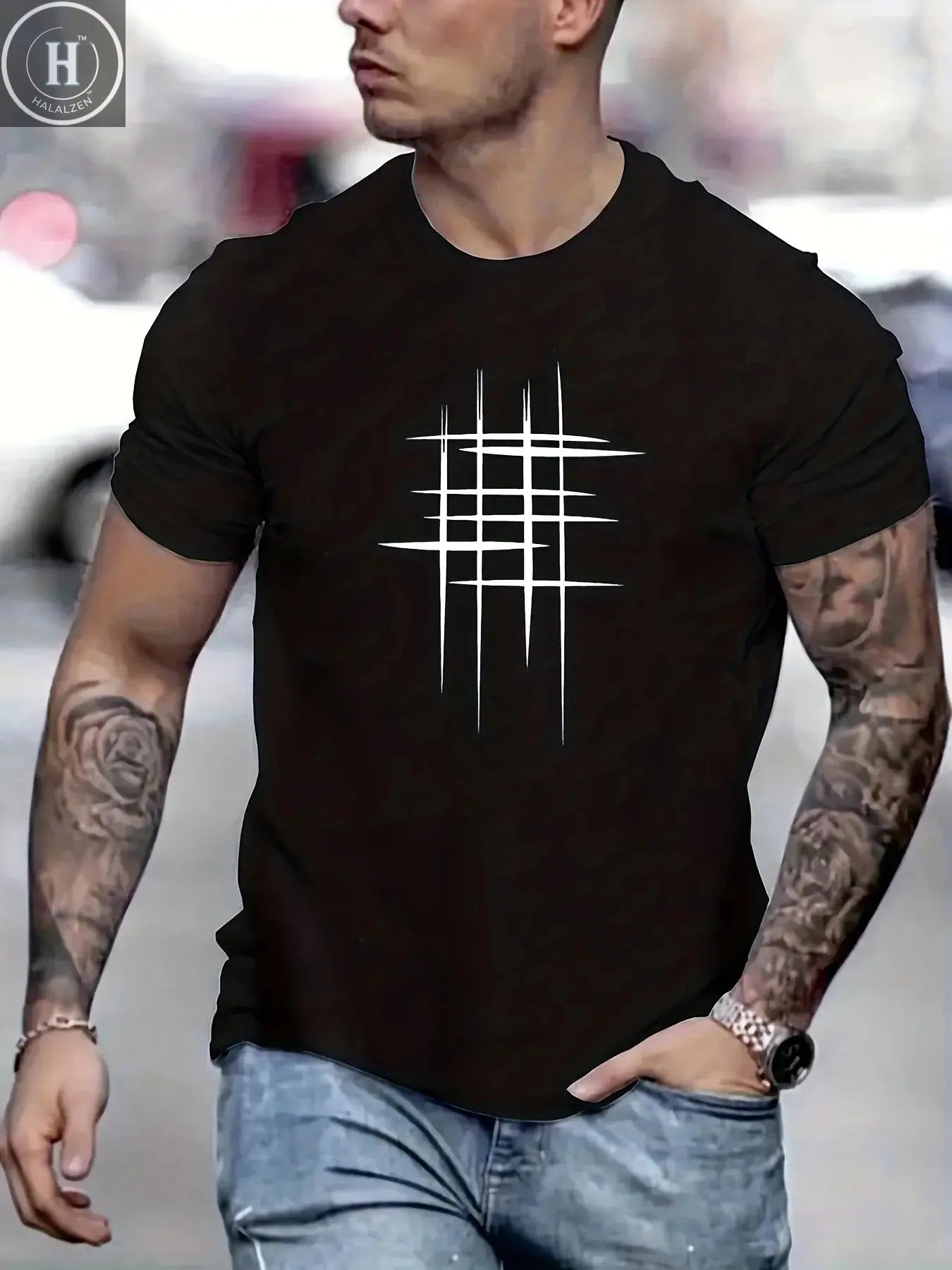 Summer Men's 100% Cotton Casual Loose Size Graphic Line Print Round Neck Short Sleeve T-shirt Top HALALZEN