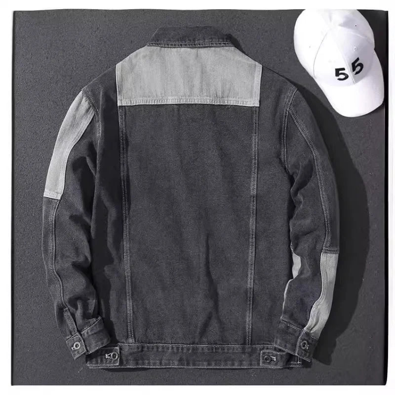 Korean Style Denim Patchwork Outerwear Mens Collared Jacket Casual Minimalist Fashion Trendy Spring Autumn New Style Jacket