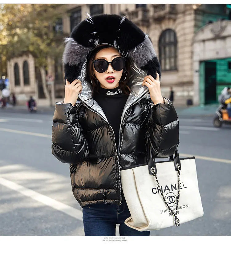 New Real Fur Parkas Natural Fox Fur Collar Jacket Winter Women Loose Short Down Coat White Duck Down Jacket Thick Warm Down Coat