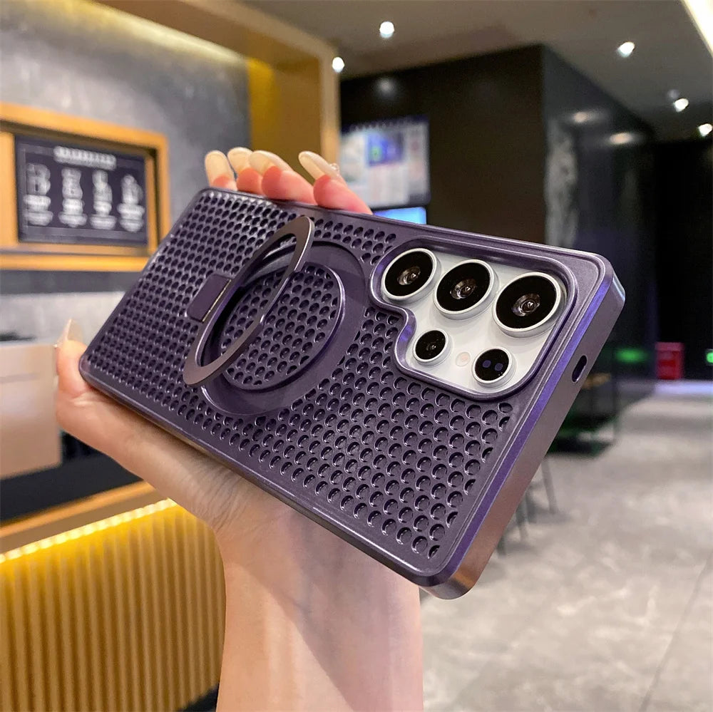 Magnetic Metal Fold Stand Heat Dissipation Phone Case for Samsung S25 S24 S23 Ultra FE S22 Plus 5G Luxury Protection Back Cover