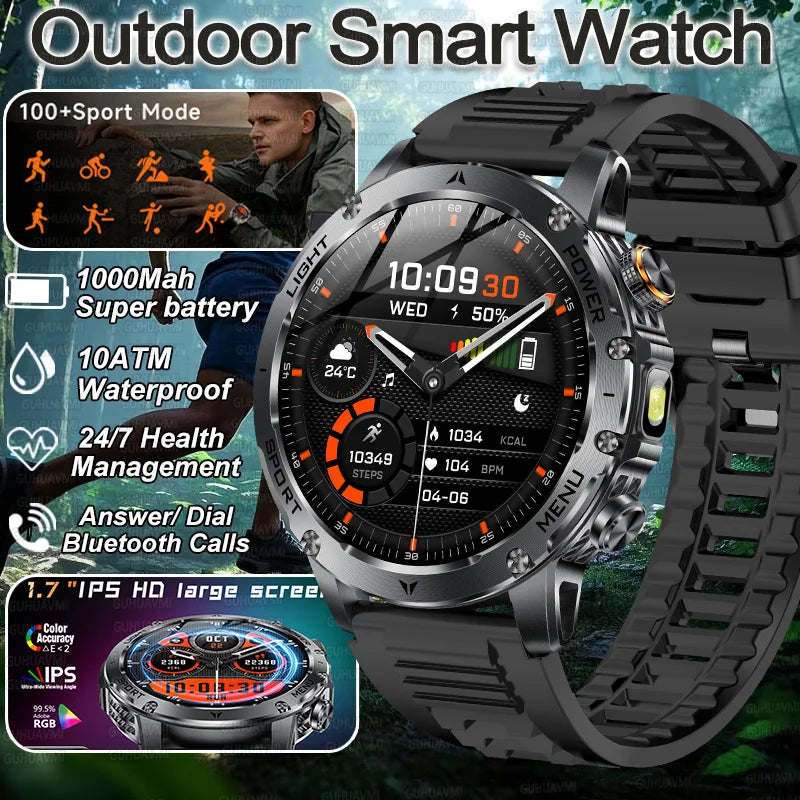 2026 New Military Smart Watch 1000Mah Battery Fitness Tracking 10ATM Waterproof Tactics Sport Flashlight call Bracelet For Men