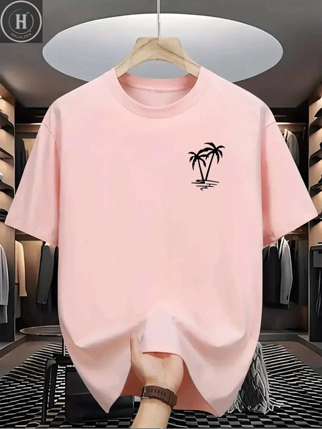 Men's summer 100% cotton fashionable casual loose coconut tree pattern printed sports round neck short sleeved T-shirt top HALALZEN