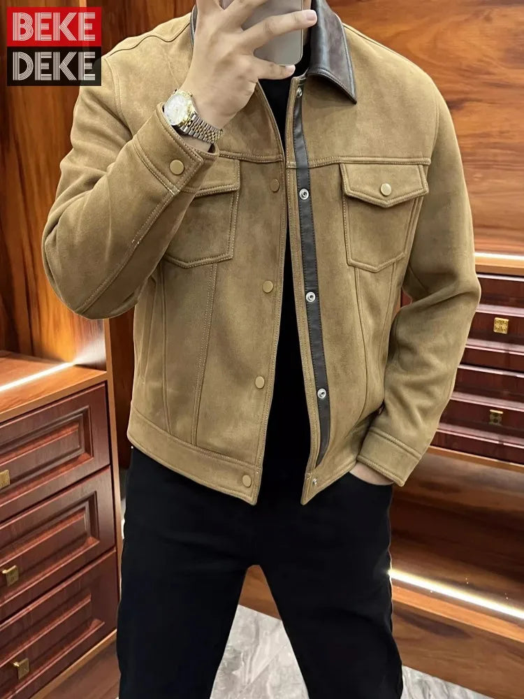 Business Men Slim Fit Autumn Faux Suede Leather Jacket Single Breasted Pu Leather Lapel Collar Coat Fashion Streetwear Outwear
