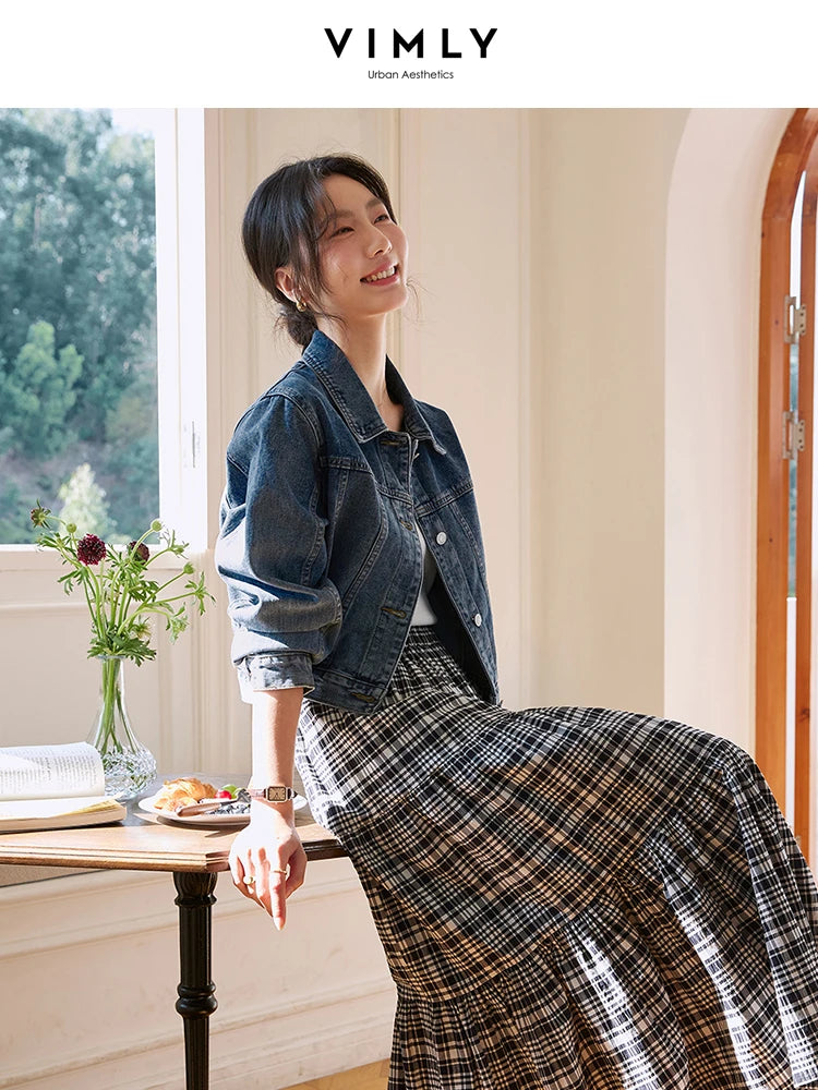 VIMLY Women's Cropped Denim Jacket 2025 Autumn Vintage Washed Jeans Jacket Casual Loose Female Outerwear Woman Clothing 73916