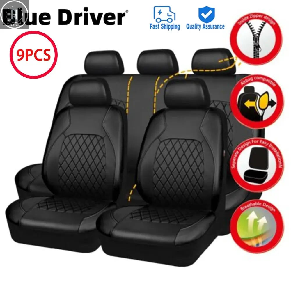 9pcs/Set Universal Car Seat Set PU Leather Car Seat Cushion Fully Surrounded Protective Pad Anti-Scratch Car Interior Accessorie HALALZEN