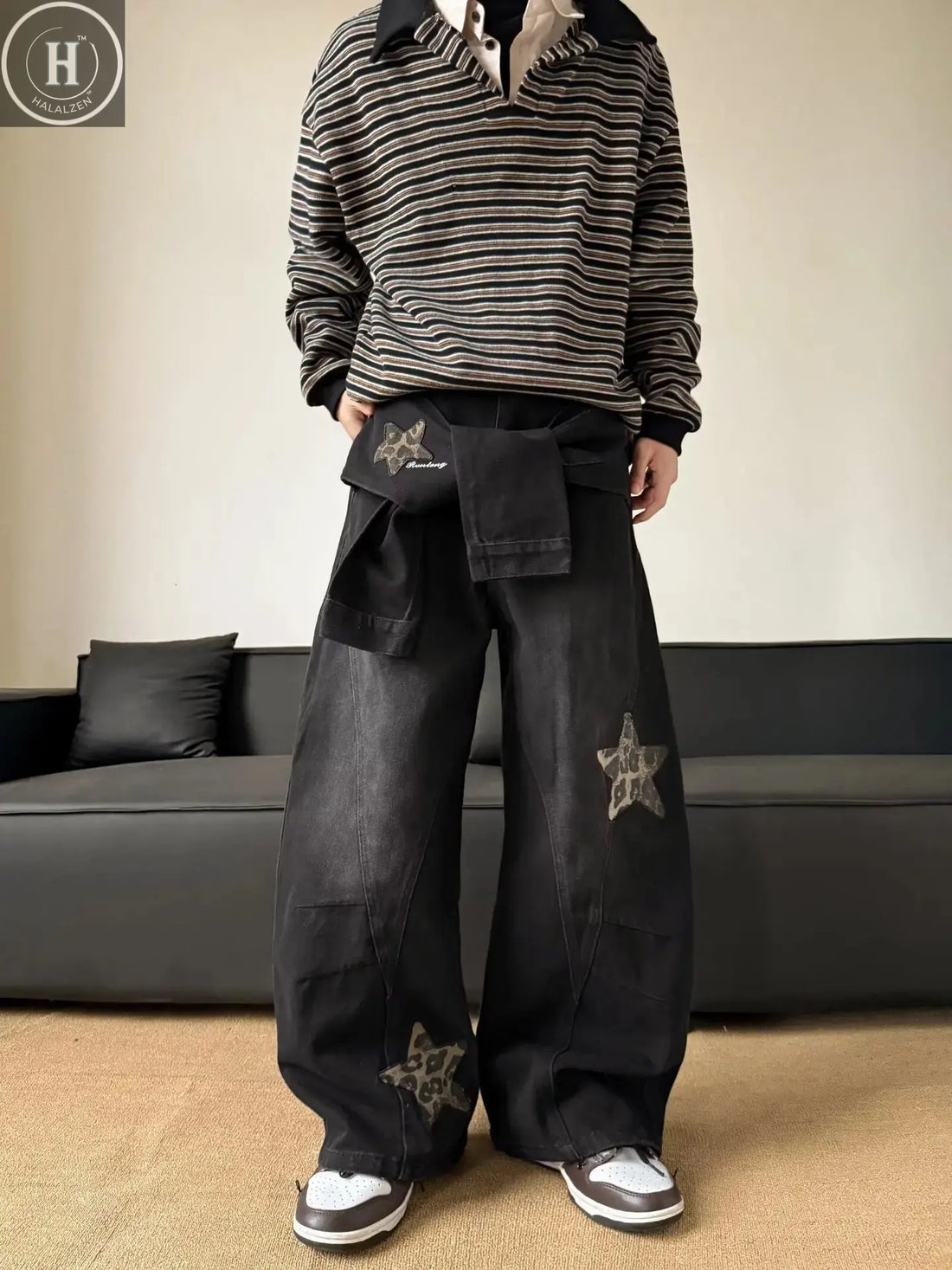 Men's Wide Leg Jeans with Patchwork Embroidery - Deconstructed Scimitar Straight Leg Pants, Button Closure Washed, Loose Fit Ame Halalzen UK