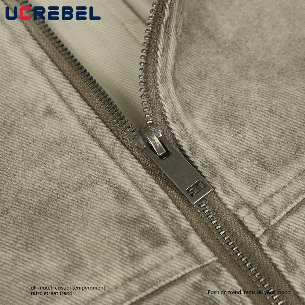 Retro Distressed Cargo Jacket Mens Pocket Autumn High Street Stand Collar Pleated sleeves Outerwear Man