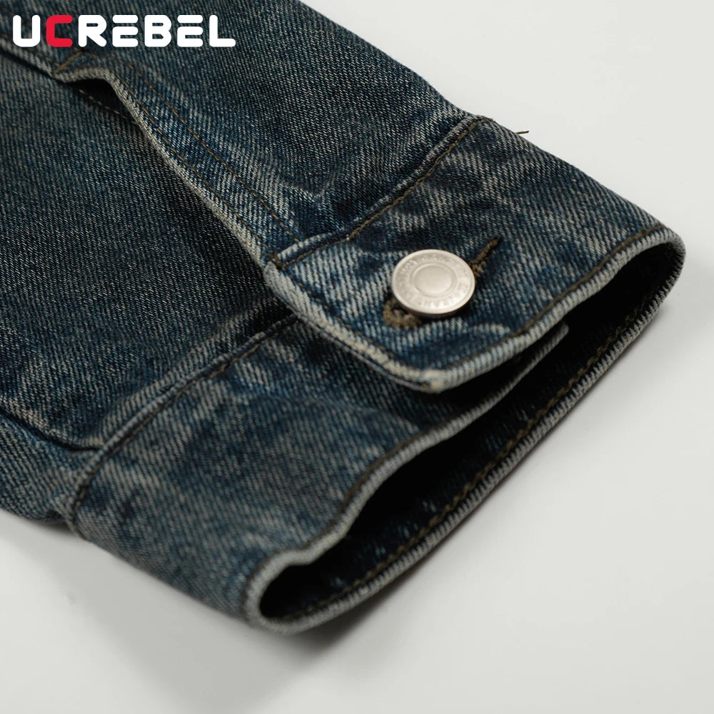 Pocket Spliced Denim Jacket Mens Autumn Winter Retro High Street Washed Distressed Lapel Single Breasted Cowboy Jacket Man