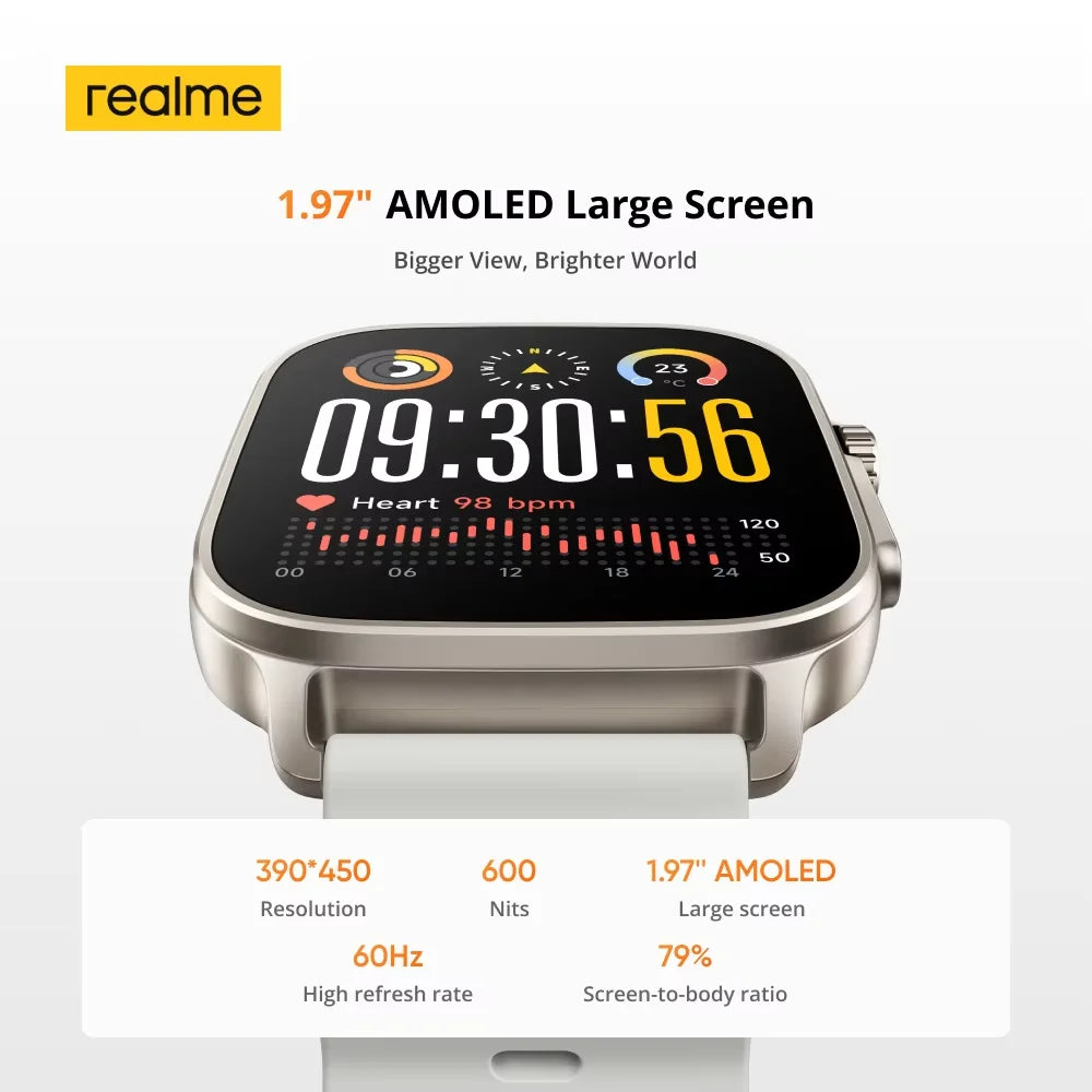 Global Version realme watch 5 1.97" 600nits AMOLED 460mAh 14-Day Battery Life 300+ Themes Support GPS GNSS IP68 waterproof
