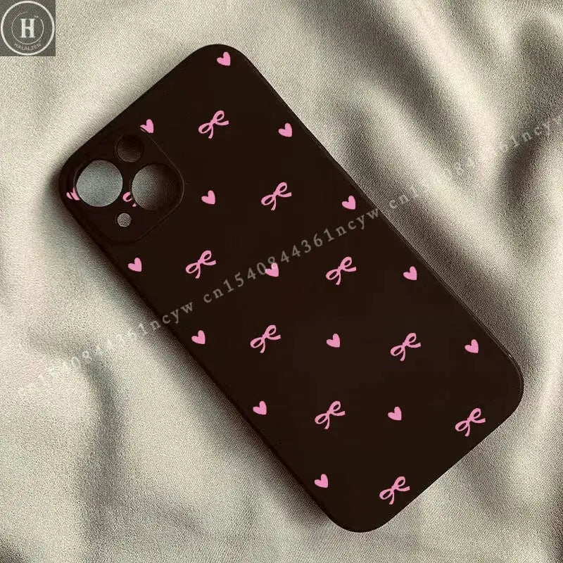 Cute Pink Bow Korean Style Phone Case For IPhone 15 14 13 12 11 Pro Max XR XS X 7 8 Plus Love Heart Soft Square Silcone Cover Halalzen UK