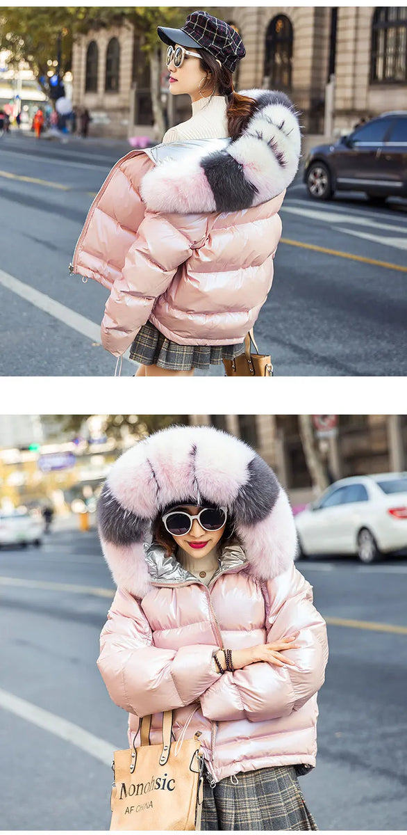 New Real Fur Parkas Natural Fox Fur Collar Jacket Winter Women Loose Short Down Coat White Duck Down Jacket Thick Warm Down Coat