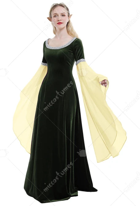 DAIZBELLA Halloween Medieval Cosplay Costume Handmade Historical Dress Retro Fairy Elf Dark Blue Velvet Gown with Sleeves