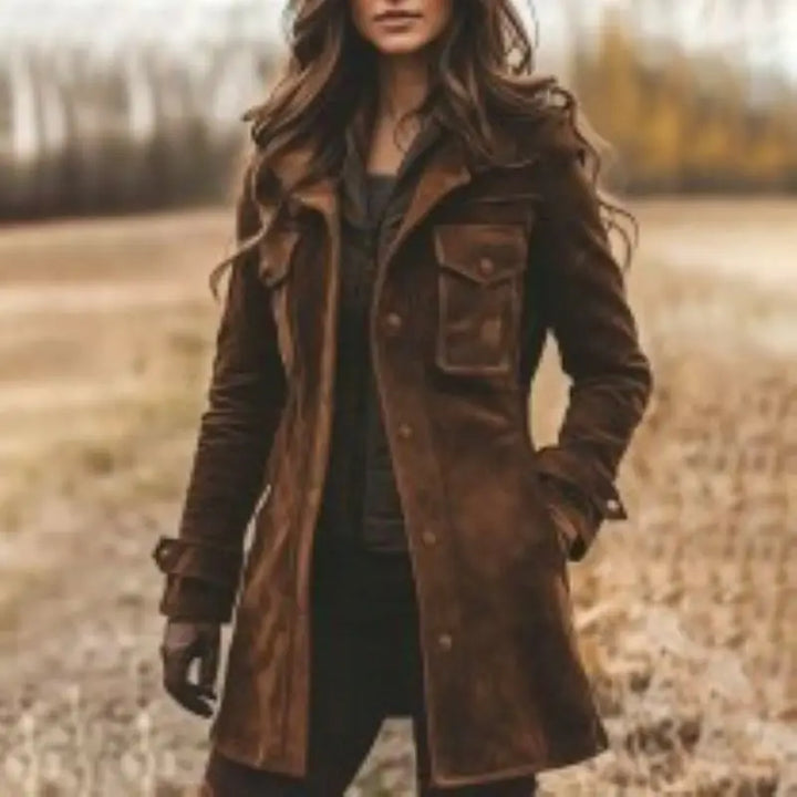2025 Womens Vintage Suede Lapel Collar Mid Length Coat Jacket Classic Retro Trench Style Autumn Winter Warm Fashion Outerwear