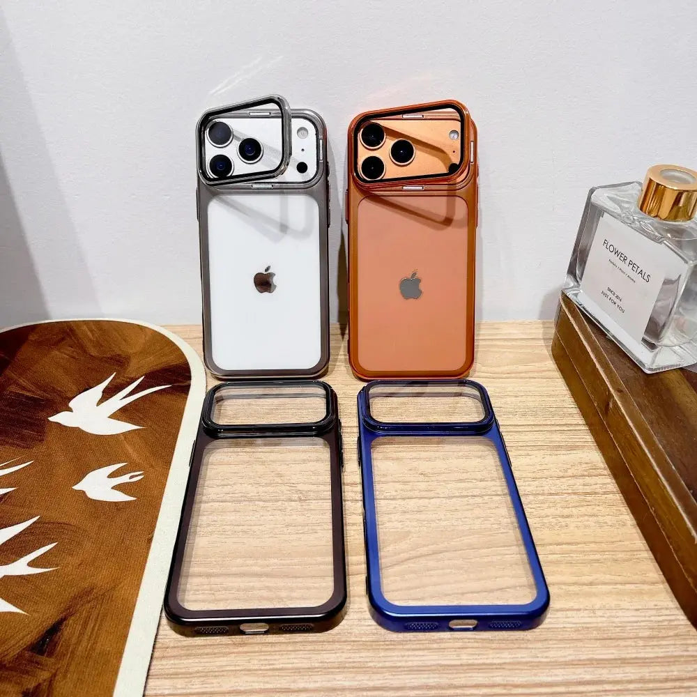 Plating Fold Glass Camera Stand Holder Phone Case For iPhone 17 17Pro 17Air 17 Pro Max Ultra Thin Transparent Shockproof Cover Halalzen UK