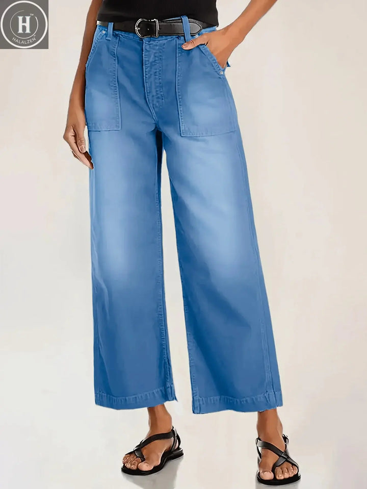 Women's wide leg jeans, mid waist casual straight leg business work pants Halalzen UK